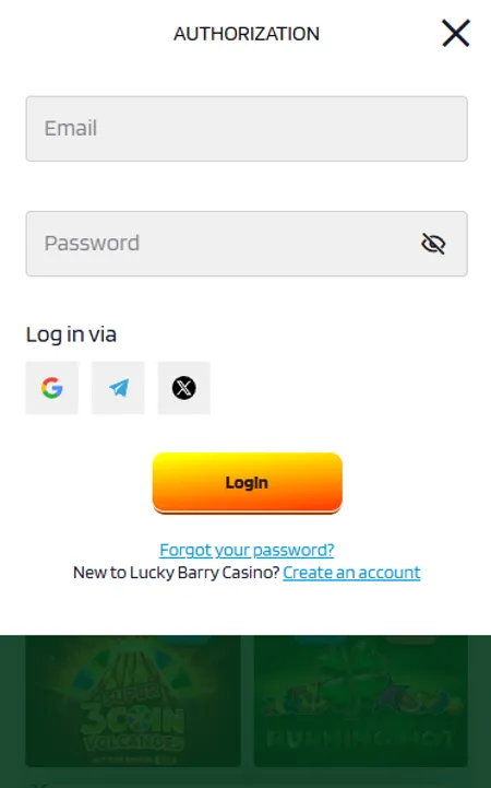 Lucky Barry login form with email and password fields