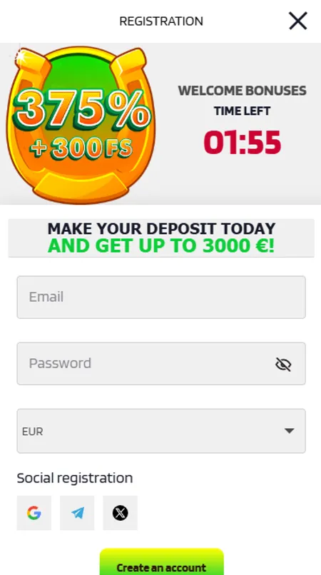 Lucky Barry registration form with currency selector and social login